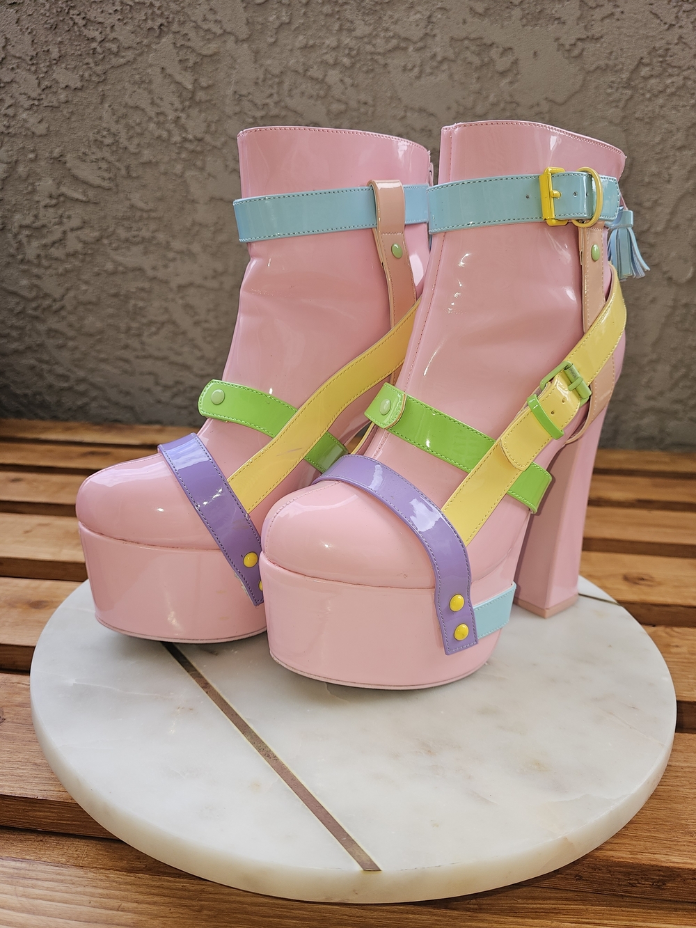 YRU Pastel Pink Patent Platform Ankle Boots with Multicolor Straps